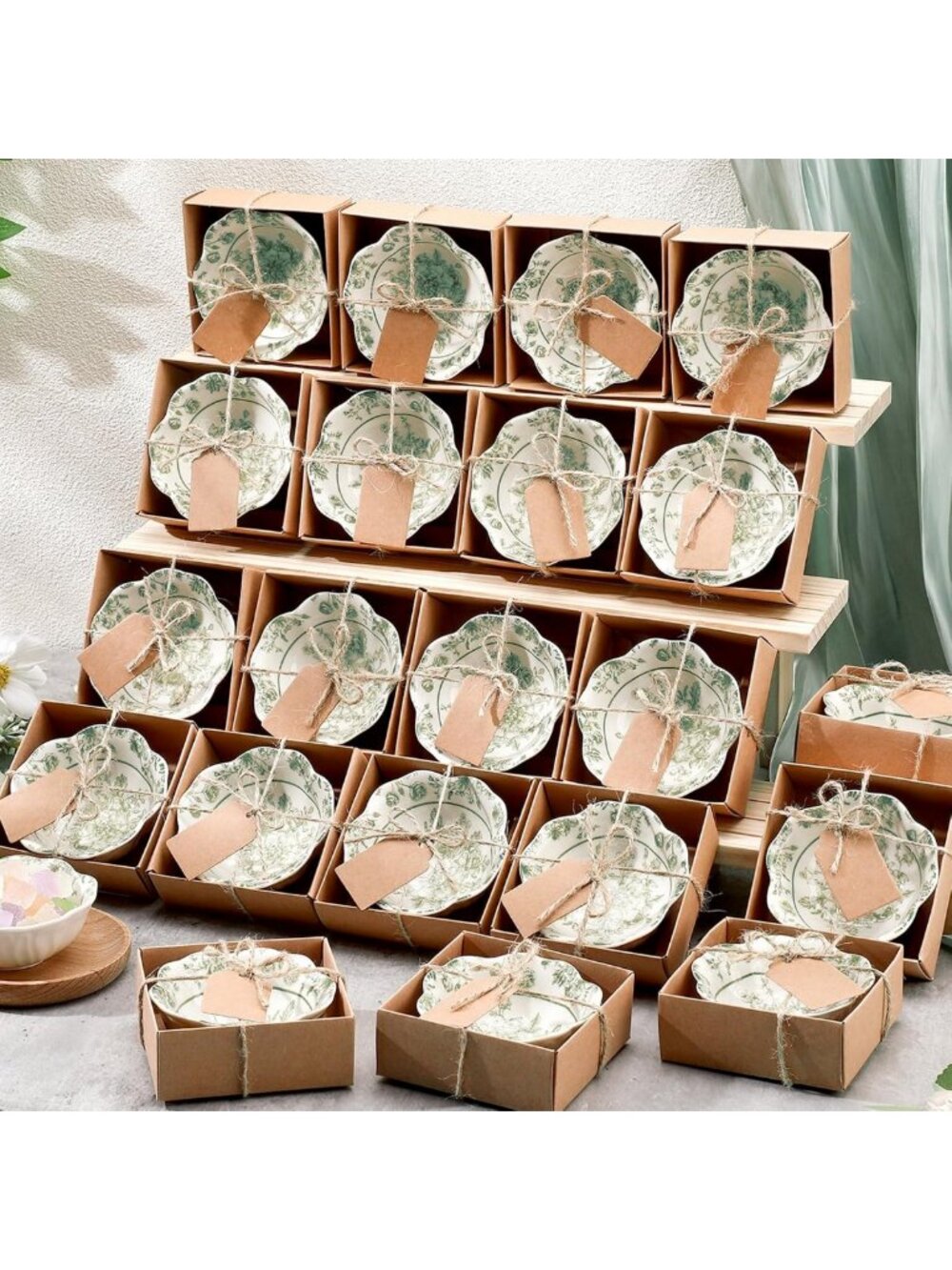 24 Pcs Sage Green Ceramic Bowls Wedding Favors for Guests - Floral Design
